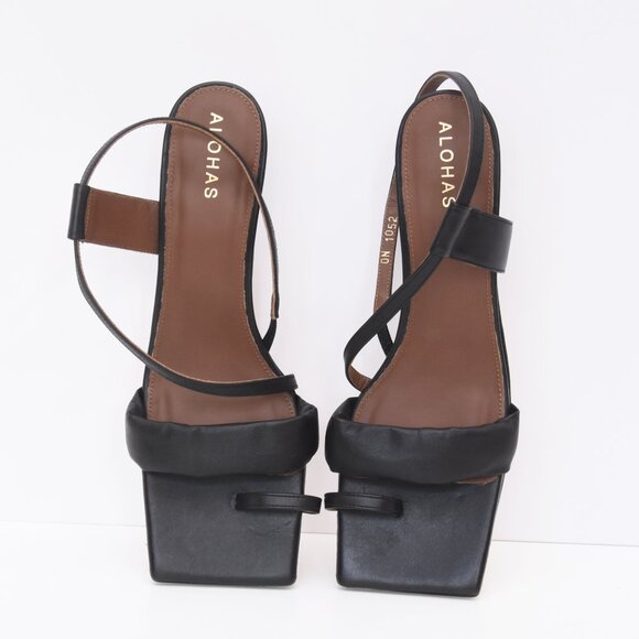 ALOHAS Asymmetrical Black Leather Heeled Open Toe Square Toe Sandal Shoes 40 US9 - Picture 2 of 16